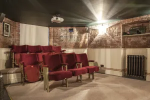 Ornate Rococo III cast iron radiator in Full Polish on feet against panelled wall in a brick-walled home cinema with red velvet theatre seats.