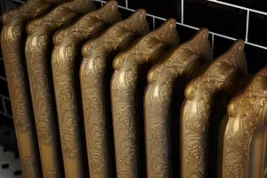Close-up of ornate Rococo III cast iron radiator columns in Natural Brass, with scrolling relief, against black metro wall tiles.