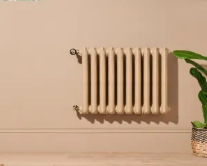 Ornate ten-section Rococo II cast iron radiator in a pale beige finish, wall-hung on a pink-beige wall beside a potted plant in a woven basket.