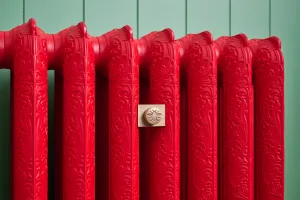 Close-up of an ornate Rococo II cast iron radiator in Benjamin Moore Heritage Red HC181 with a brass bee badge, against green panelling.