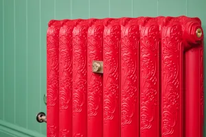 Close view of an ornate Rococo II cast iron radiator in Benjamin Moore Heritage Red HC181 with brass fittings against green panelled walls.