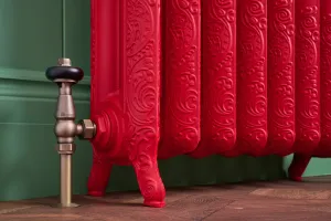 Close-up of an ornate Rococo II cast iron radiator on feet in Benjamin Moore Heritage Red HC181, with a brass Windsor angled valve, green panelled wall.