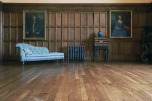 An ornate Rococo II cast iron radiator in Full Polish on feet against oak panelling, between a blue chaise longue and a cabinet on stand.