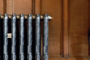Close view of an ornate Rococo II cast iron radiator in Full Polish, with scrolled columns and a brass valve, against oak wall panelling.
