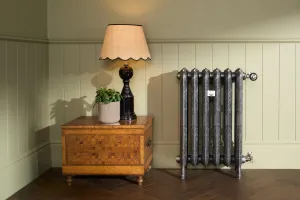 Ornate six-section Rococo III radiator on feet, dark with polished highlights, nickel valves, against sage panelling on a herringbone floor.