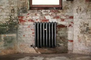 Wall-hung ornate Rococo III 768mm cast iron radiator in Full Polish with valves at each end, below a window on a weathered brick wall.