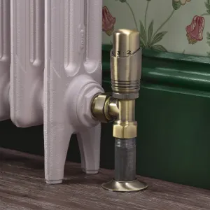 Niva angled thermostatic valve in Antique Brass on a pale pink ornate cast iron radiator, beside a green skirting board and floral wallpaper.