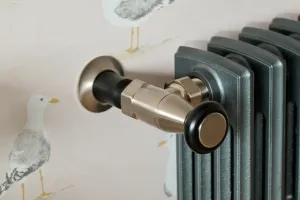 Close-up of a brushed metal Windsor angled valve with a black knob on a dark grey Grace cast iron radiator, against seagull-print wallpaper.