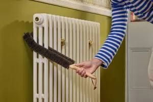 Redecker double stem radiator brush 510502 with Castrads Mercury cast iron radiator in Farrow & Ball Lime White