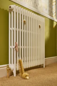 Redecker single stem radiator brush 511093 with Castrads Mercury cast iron radiator in Farrow & Ball Lime White