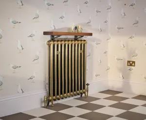 Emmeline I cast iron radiator in Aged Gold on feet, with brass valves and a wooden shelf above, against seagull wallpaper on a chequered floor.