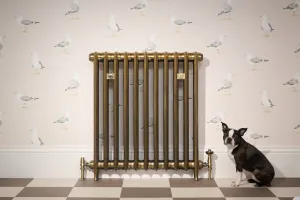 Emmeline I cast iron radiator in Aged Gold on feet with Windsor angled valves, against seagull wallpaper beside a seated Boston terrier.