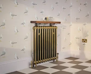 Emmeline I cast iron radiator in Aged Gold on feet, with brass valves and a wooden shelf, against seagull wallpaper above a chequered floor.