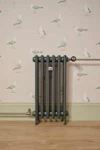 Grace 4 Column 760mm cast iron radiator in Pencil on feet, with Windsor angled thermostatic valve, against seagull wallpaper and wooden floor.