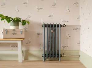 Grace 4 Column 760mm cast iron radiator in Pencil on feet, with Windsor angled valves, against seagull wallpaper beside a bench.