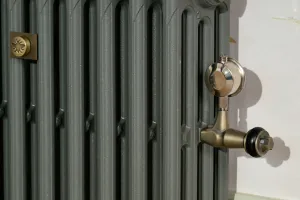 Close-up of a plain grey Mercury cast iron radiator with a brass and nickel Windsor valve and a brass bee-emblem plate on the columns.