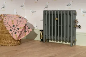 Plain Mercury 4 Column cast iron radiator in Quartz Grey on feet, with brass Windsor valves, against seagull wallpaper on an oak floor.