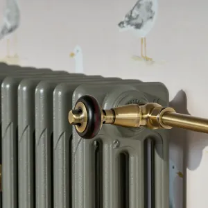 Close-up of a plain Mercury cast iron radiator in Quartz Grey with a brass valve and dark wooden head, against seagull-print wallpaper.