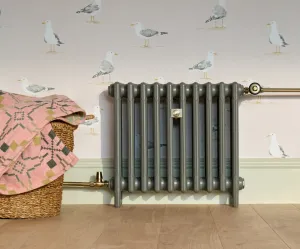 Plain Mercury cast iron radiator in Quartz Grey on feet, with brass valves, against seagull wallpaper beside a wicker basket and pink blanket.