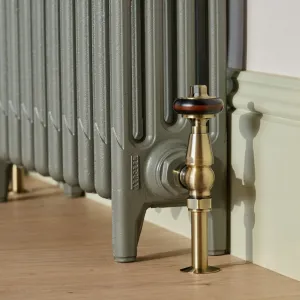 Close-up of a Mercury 4 Column cast iron radiator in Quartz Grey on feet, with a brass Windsor valve, beside a cream skirting on a wooden floor.