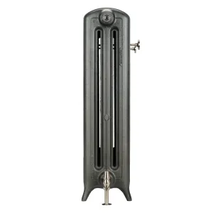 End view of an Emmeline III 870mm cast iron radiator on feet in a dark metallic grey finish, with nickel valves, on a white background.