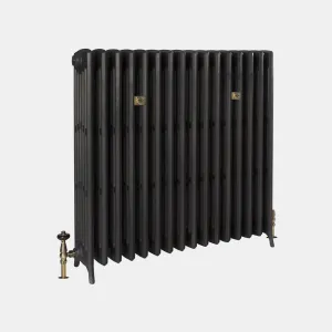 Plain Grace 6 Column cast iron radiator in Matt Black on feet, with brass wall stays and brass valves with a wooden head, on a grey background.