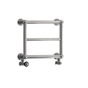 Elara wall-hung towel rail in polished chrome with three horizontal bars, four round wall brackets and angled valves below, on white.