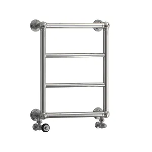 Elara wall-hung towel rail in a polished chrome finish with four horizontal bars, four wall stays and angled valves, on a white background.