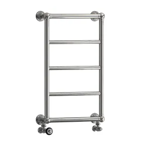 Elara wall-hung towel rail in polished chrome with five horizontal bars, four wall brackets and angled valves, on a white background.