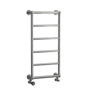 Elara wall-hung towel rail in a polished chrome finish with six horizontal bars, round wall brackets and angled valves, on a white background.