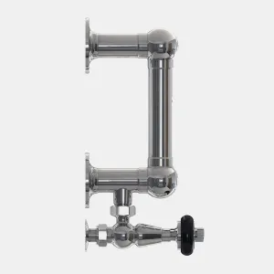Side view of a polished chrome Elara wall-mounted towel rail with round wall flanges and an angled valve with a black handwheel below.
