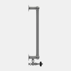Side view of an Elara wall-mounted towel radiator in polished chrome, with round wall brackets and an angled valve with a black handwheel.