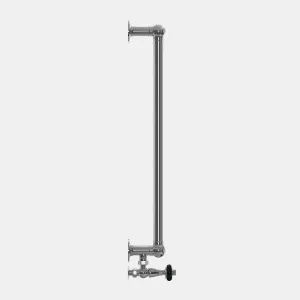 Side view of the Elara wall-hung bathroom radiator in polished chrome, with round wall brackets and an angled valve with a black head.