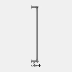 Side view of the Elara bathroom radiator in a polished chrome-look finish, wall-mounted on two round brackets with an angled valve below.