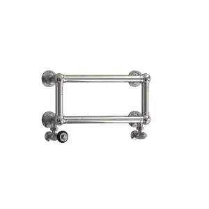 Elara two-rail wall-hung bathroom radiator in polished chrome with four round wall brackets and angled valves, on a white background.