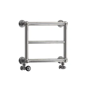Elara wall-mounted towel rail in polished chrome with three horizontal bars, four round wall brackets and angled valves, on a white background.