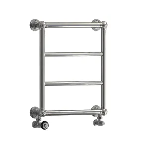 Elara wall-hung towel rail in polished chrome with four horizontal bars, four round wall stays and angled valves, on a white background.