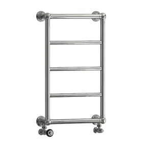 Elara wall-hung towel rail in a polished chrome-look finish with five horizontal bars, four wall brackets and angled valves, on white.
