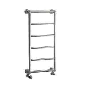 Elara wall-hung towel rail in a polished chrome finish with six horizontal bars, round wall brackets and angled valves, on a white background.