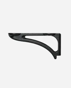 Atlas cast iron shelf bracket in black with a curved arm, open cut-out and two screw plates on top, shown in profile on a white background.