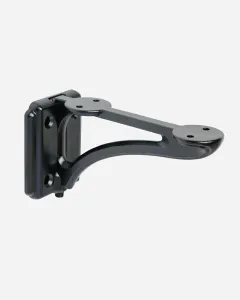 Atlas cast iron shelf bracket in a black finish, with a rectangular wall plate, curved arm and two-hole mounting pads, on a plain white background.