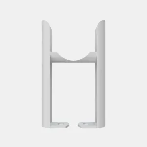 A white slip-on radiator foot for the Florence 3 column, with two upright legs, a curved cradle and drilled floor fixing tabs, on a plain grey background.