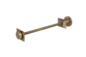 Whitworth wall stay in Antique Brass with a threaded rod, square wall plates, a round end cap and a bee-embossed end, on a white background.