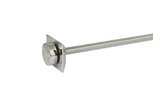 Whitworth wall stay in polished chrome, with a domed embossed cap on a square backplate and a long threaded rod, on a white background.