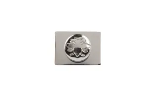 Whitworth wall stay in a polished chrome finish, a rectangular plate with a round boss embossed with a bee, on a white background.