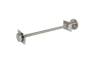 Whitworth wall stay in polished chrome with a long threaded rod, two square wall plates and round end caps, on a white background.
