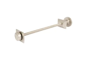 Whitworth wall stay in Satin Nickel with a threaded rod, square backplates, a round wall rose and an embossed end cap, on a white background.