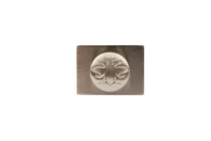 Whitworth wall stay in Satin Nickel, a rectangular brushed plate with a round raised boss embossed with a bee, on a white background.