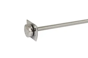 Whitworth wall stay in polished chrome, with a domed embossed cap and square backplate on a long threaded rod, on a white background.