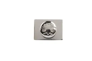Whitworth wall stay in polished chrome: a rectangular plate with a round domed boss embossed with a bee, on a white background.